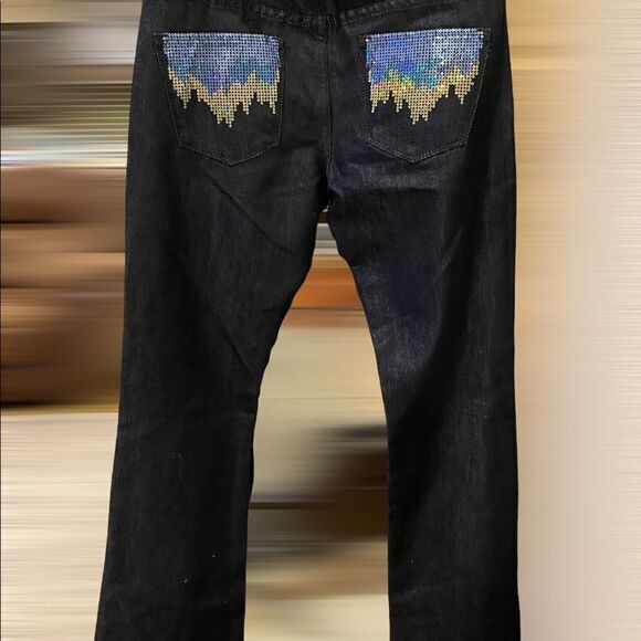 Express Women 4 Blue Stella Boot Leg Jeans Sequin Low Rise Denim Dark shimmery - Picture 10 of 16